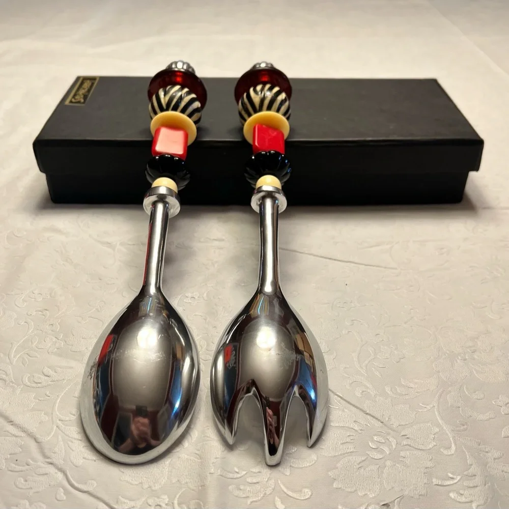 Elegant Silver and Red Serving Utensil Set